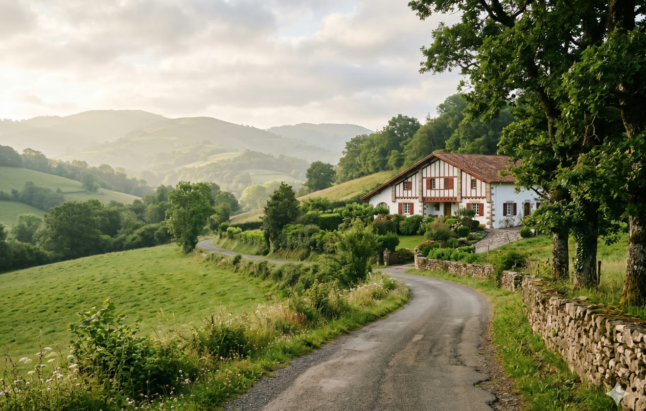 Le Pays Basque, ancrage d'OXO consultants : route de campagne et ferme basque traditionnelle près de Bayonne