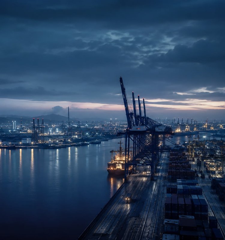 Analyse des risques d'une entreprise — site industrialo-portuaire à la nuit tombée